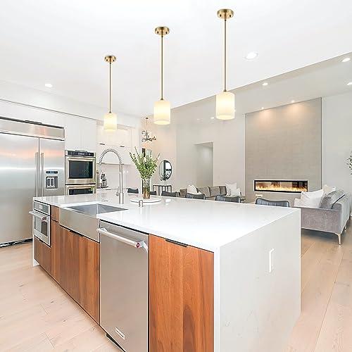 Modern Gold Pendant Light 3 Pack Brushed Brass Mid Century Chandelier White Cylinder Glass Shades Adjustable Rods Farmhouse Ceiling Hanging Lighting Fixture Kitchen Island Dining Room Bedroom
