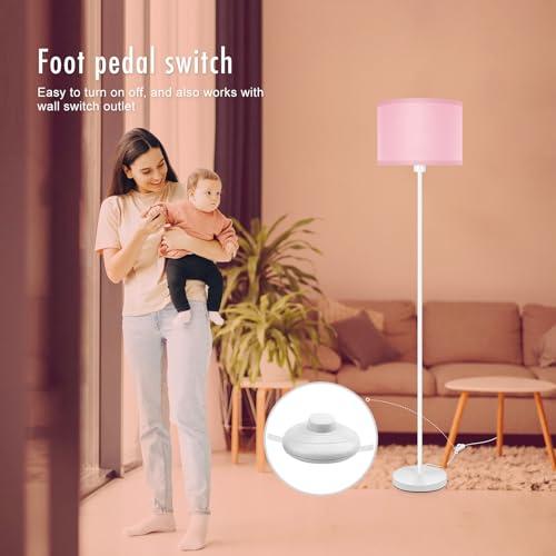 White and Pink Floor Lamp, Standing Lamp, Short Floor Lamps with Pink Lampshade, 59 Tall Lamps for Bedroom, Foot Switch, Simple Corner Pole Lamp for Kids Room, Girls Room, Living Rooms, Office(NO Bulb, E26 Base)