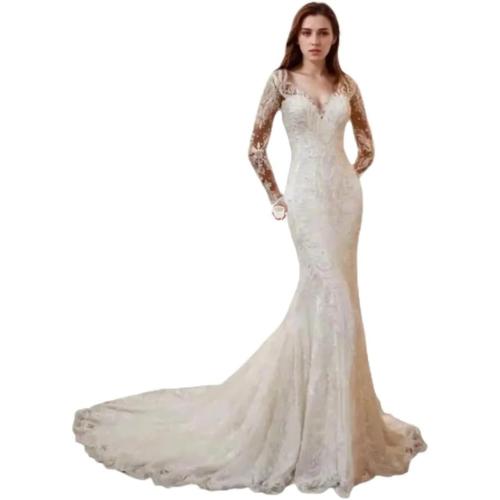 Size M Romantic Bridal Gown Detachable Train Mermaid V Neck Long Sleeve Wedding Dresses with Appliques 2024