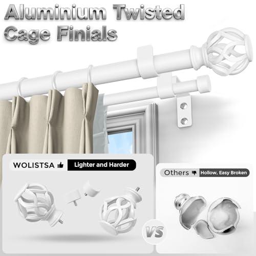 Double Curtain Rod 36-76 Inch, Heavy Duty Dual Rods, White | Decorative Aluminium Twisted Cage Finial, 1 Inch Adjustable Spliced Double Curtain Rods for Windows, All Metal, Easy Install