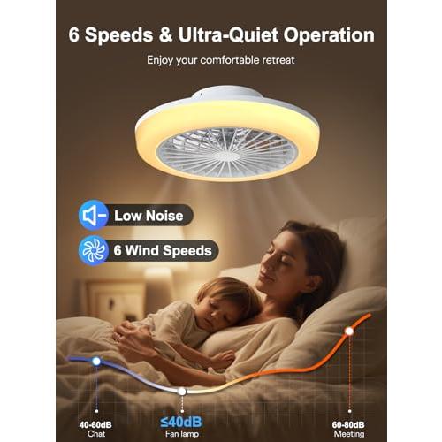 ANGELHALO Ceiling Fans with Lights and Remote, 18'' Modern Flush Mount Fandelier with RGB Lights, Smart Dimmable LED Light, Ultra Quiet 6-Speed Motor, Low Profile Design for Bedrooms & Living Rooms