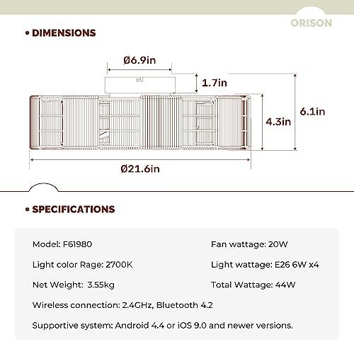 Orison 22 Caged Low Profile Ceiling Fan With Light, Remote, and App Control - Flush Mount, 7 Blades, 6 Speeds, 4 Bulbs