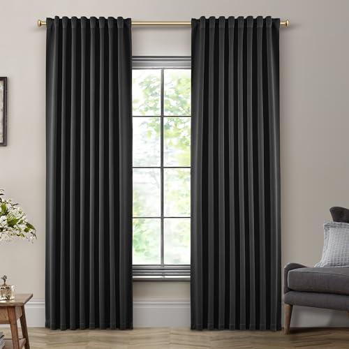 SHINELAND Back Tab Black Out Curtains Drapes 108 Inches Long 2 Panels,Pleated Blackout Tall Curtains for Large Window