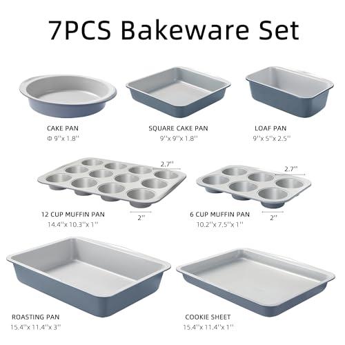 CAROTE 7-Piece Baking Pans Set, Nonstick Bakeware Sets, Gray & Blue