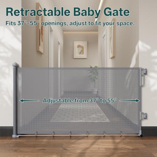 Cumbor 37-55 Retractable Baby Gates for Stairs & Doorways, Indoor Outdoor | Hardware Mounted Mesh Dog & Pet Gate, Easy Walk Through, One-Hand Operation, Anti-Crawl Adjustable Safety Gate for Dog, Grey