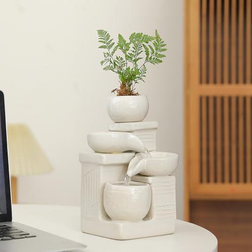 Indoor and Outdoor Tabletop Desktop Fountain Water Feature Home and Garden Ceramic Decoration (White S094)