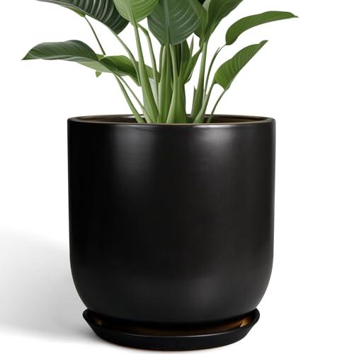 Ceramic Planter Pot - 12 Inch Large Plant Pot with Drainage Hole and Saucer Modern Flower Pot for Indoor Outdoor Plants Home Garden Decor Black