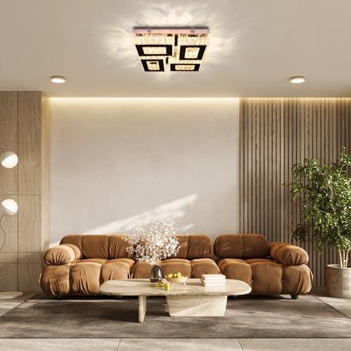 13.1''Square Crystal Chandelier Modern Crystal Ceiling Light Flush Mount Ceiling Lamps for Dining Room Living Room Bedroom Hallway (Warm)