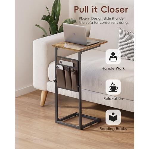 Vagusicc C Shaped End Table, 33Tall Side Table for Couch, Adjustable Height Sofa Table Small Couch Side Tables, Slide Under Recliner TV Tray Arm Tables with Metal Frame for Living Room,Bedroom,Brown