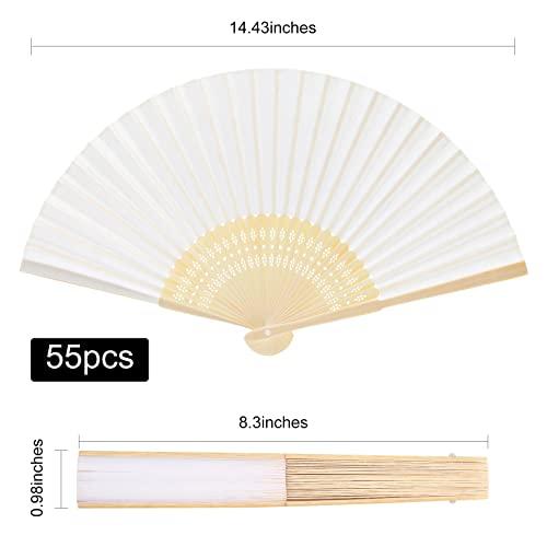 FEPITO 55 Pieces White Handheld Paper Fan Paper Folding Fans