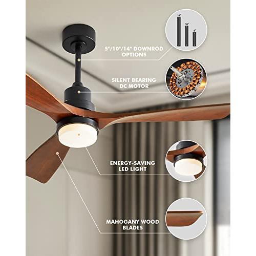 Ceiling Fans with Lights, 60 Wood Ceiling Fan with Remote Control, 3 Walnut Fan Blades Reversible Quiet DC Motor 6 Speeds Timing Farmhouse Ceiling Fan for Bedroom/Living Room/Study/Porch