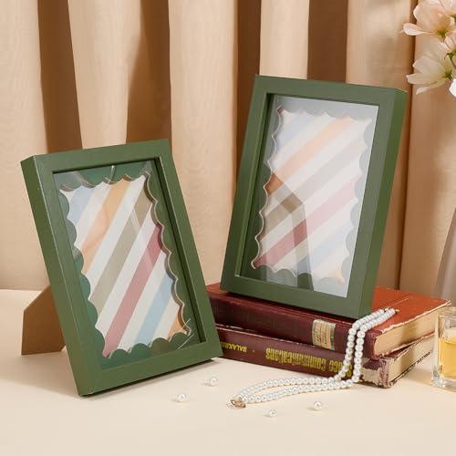 1 Pack Wood Picture Frames, 5.9x7.8 Fresh Green Frame with Support, Hook and Wavy Mat for Tabletop and Wall Hanging, Simple Style for Home Decor and Gifts Giving