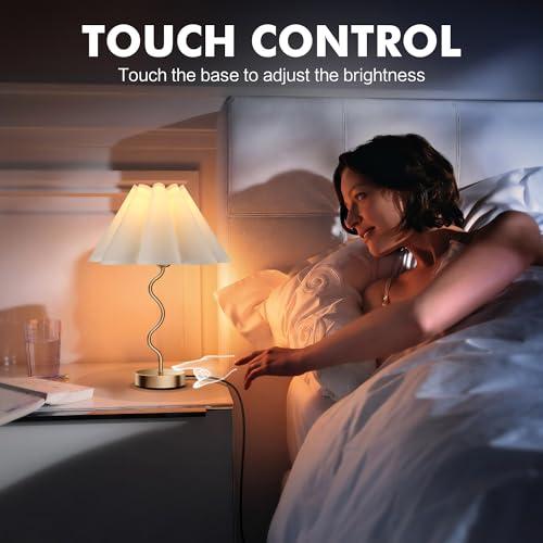 Small Table Lamp Pleated Table Lamp 3 Way Dimmable Touch Lamps for Night Stands with USB C A Ports Bedside Nightstand Lamp Morden Desk Lamp for Bedroom Home Kitchen Living Room Kids Room Nursery