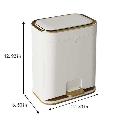 Size 3 gallon Color White and Gold Bathroom Trash Can with Lid, Plastic 3 Gallon Garbage can with Press top Lid Gold Step Pedal Trash can, Narrow White Trash bin for Bathroom, Bedroom, Restroom, Living Room, Office, Dog Proof Trash Can