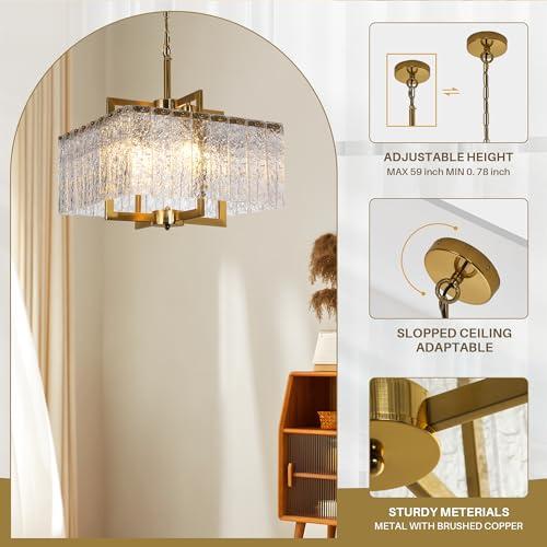 Size 16 Gold Chandeliers for Dining Room, 16 Square Modern Adjustable Pendant Lights for Kitchen Island,Crystal Light Fixture for Entryway Over Table