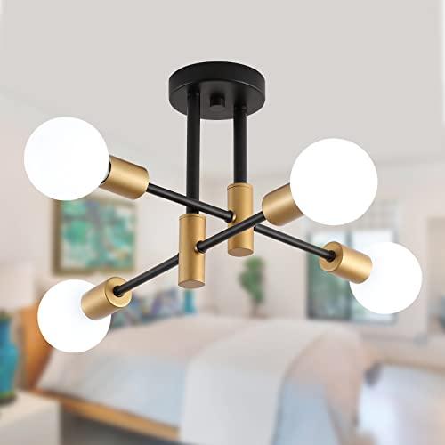 Size H10.83W26.4 Color Black and Gold Modern Sputnik Chandelier Ceiling Light Fixtures,4-Lights Mid Century Industrial Metal Semi Flush Mount Ceiling Lights for Bedroom Kitchen Hallway Entryway Office UL Listed