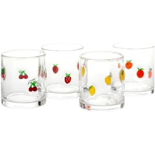 (MISSING CUP) Pandex 14 oz Icon Glasses, Set of 4 - Handcrafted Soda-Lime Drinking Glasses with 3D Molded Fruit Icons (Lemon, Orange, Cherry, Strawberry) - Whimsical Juice Tumblers for Spring & Summer