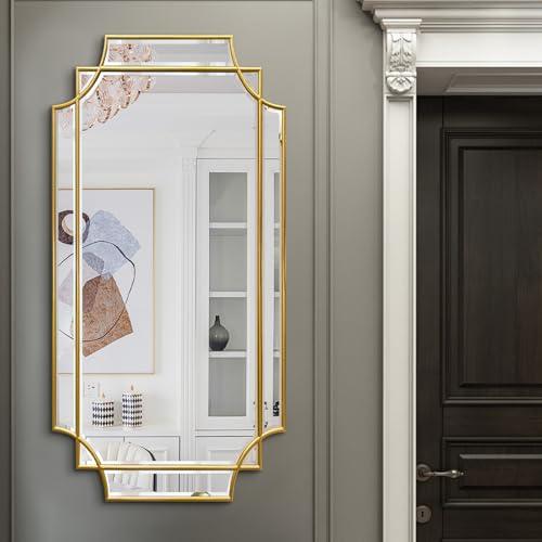 Gold Beveled Mirror - Large Rectangular Mirrors Decorative 24x47.2 Scalloped Bathroom Mirror, Modern Oblong Vanity Wall Mirror for Bathroom Living Room Bedroom Fireplace Entryway