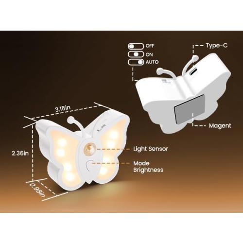 LOFTEK Rechargeable Motion Sensor Light, RGB Color Change& Dimmable Night Light, Cute Butterfly Light for Kid's Bedroom, Bathroom, Hallway, Tent & Stairs - Ideal Home Decor & Gift, Purple of 4