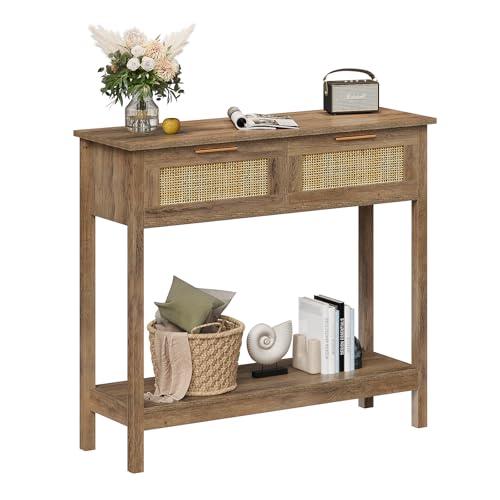Farmhouse Rattan Console Table with 2 Drawers 2 Tier Boho Narrow Long Sofa Table Natural with Open Storage Shelf Wood Entryway Table for Living Room Hallway Foyer