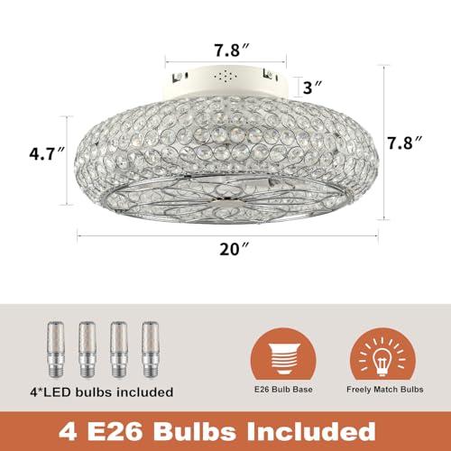 Caged Crystal Ceiling Fans with Lights and Remote,20 Flush Mount Low Profile Ceiling Fan with Light,6 Speed Enclosed Ceiling Fan with Reversible Motor for Bedroom Kitchen Living Room