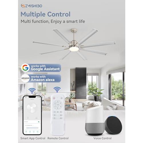 ZMISHIBO 72 inch Smart Aluminium Blade Ceiling Fans with Lights and Remote, Outdoor Large Ceiling Fans with Remote/Alexa/App for Patio Living Room, Nickel Ceiling Fan, 8 Blades