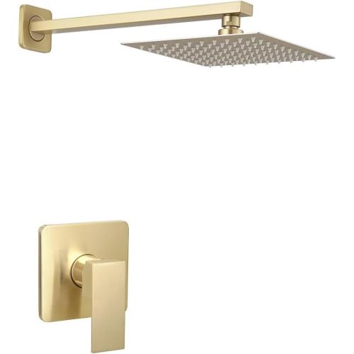Brushed Gold Shower Faucet Set, Single Function Shower Trim Kit with Rough-in Valve, Square Rain Shower Head System Included Extra Long Shower Arm for Bathroom
