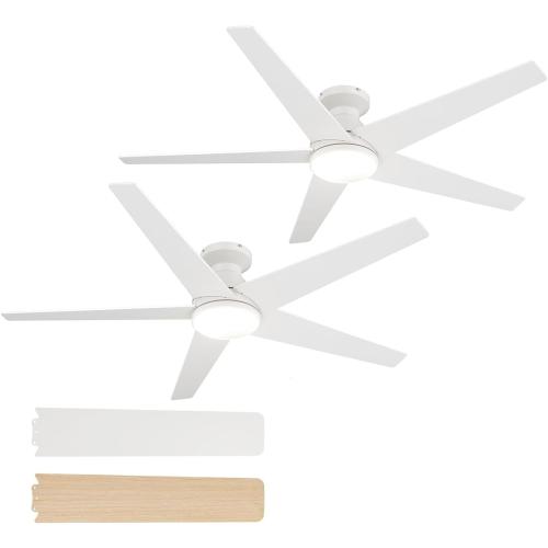 addlon 2 Pack Ceiling Fans with Lights, 52 Inch Low Profile Ceiling Fan with Light and Remote Control, Flush Mount, Reversible, 3CCT, Dimmable, White Ceiling Fan for Bedroom Indoor/Outdoor Use