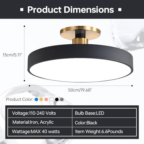 Modern LED Semi Flush Mount Ceiling Light Black 48W Mid Century Flush Mount Ceiling Lamp Acrylic Hallway Ceiling Light Nordic Vintage Round Ceiling Lights Fixtures for Bathroom Porch Bedroom