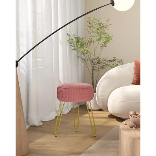 IBUYKE Velvet Round Footrest Ottoman, Makeup Vanity Stool Side Table, Velvet Dressing Table Seat, Pouf Couch Stool, Golden Steel Legs, Pink LG-30P