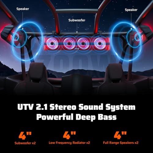 Ehaho 2.1CH Stereo UTV Sound Bar, 26 Inch Bluetooth UTV Speakers with RGB | BT & AUX/USB, ATV Speaker System & Subwoofer, 700W Peak Power, IP66 Waterproof, Fits 1-2 Roll Cages for Golf Cart UTV RZR
