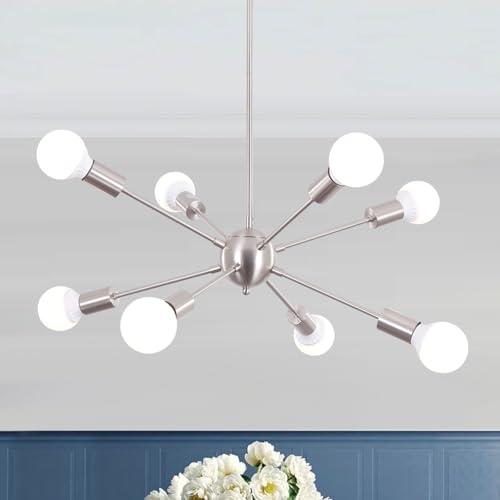 Size 49 x 23.5 Sputnik Chandeliers 8 Light Brushed Nickel Modern Light Fixture Industrial Sputnik Chandelier Lighting for Dining Room Kitchen Living Room Bedroom Foyer