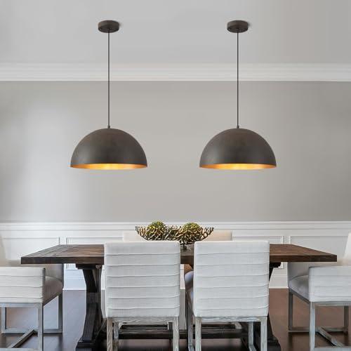 Farmhouse Pendant Light,15.7 Black with Brown Grain Industrial Dome Light Fixture,Adjustable Vintage Chandelier for Kitchen Island,Dining Room,and Bedroom