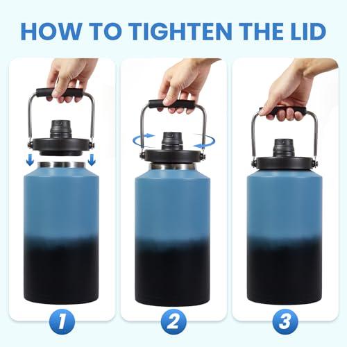 1 Gallon Water Bottle Insulated Stainless Steel Keeps Ice 48Hr, Large Water Gallon Jug Wide Mouth Leakproof Vacuum for Gym, Camping, & Construction Gradient Blue