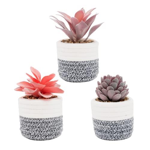 VIVERIE 3Pcs Fake Succulent Plants in Boho Removable Rope Basket Pot Set- Farmhouse Faux Cactus Plant for Home Decor Indoor Bedroom Bathroom Office Desk Shelf Boho Room Kitchen Decor and Accessories