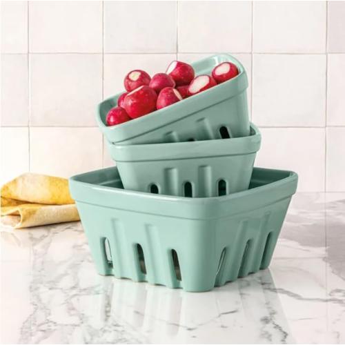 Over&Back 3-Piece Multipurpose Berry Baskets (Green) - Stackable Stoneware Fruit Bowls with Integrated Colander Strainer Holes - Farmhouse Kitchen Decor, Reusable Produce Saver