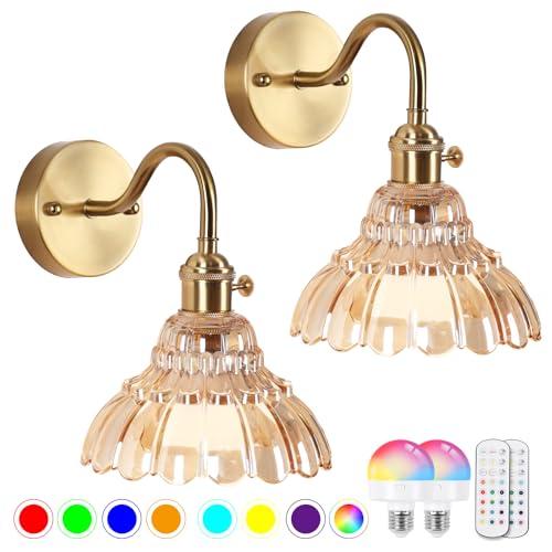 Vintage Battery Operated Wall Sconces Set Of Two, Indoor not Hardwired Brass Amber Glass Lampshade Fixtures,Rechargeable Wireless RGB Wall Lights with Dimmable Remote Control,for Bedroom Living Room