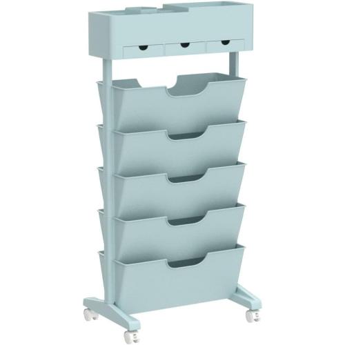 Movable Bookshelf with Wheels, 6 Tier Rolling Bookshelf Cart, Portable Bookshelf on Wheels, Moveable Bookshelf Cart for Kitchen Bathroom Bedroom Office, Mobile Book Shelf Organizer(Blue)