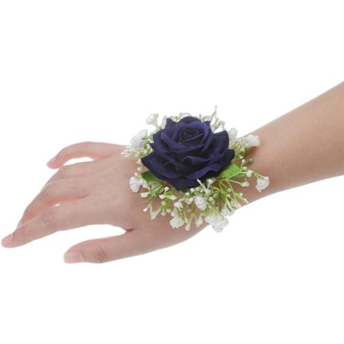 Corsage and Boutonniere Set,2PCS Artificial Rose Wrist Corsage Wristlet,for Wedding Bridal Bridesmaid Wrist Corsage Corsage Ball Decoration (Dark Blue)