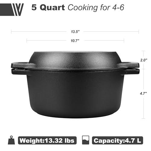 VORRINGARD Pre-seasoned Cast Iron Double Dutch Oven Pot with Skillet Lid, Dual-handle, for Bread Baking, Outdoor, Campfire Cooking, 5 Quart
