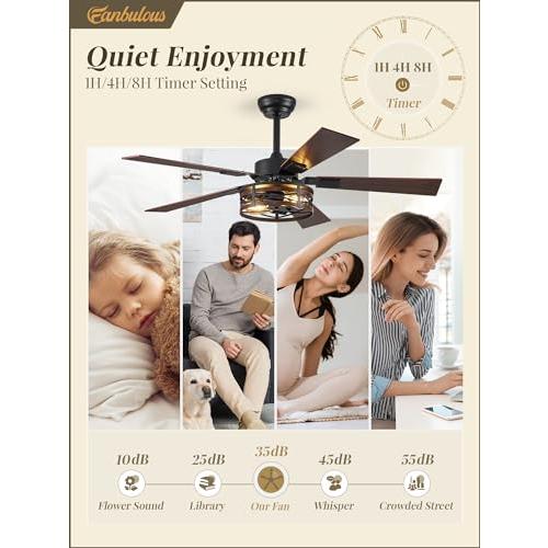 BLACK Farmhouse Ceiling Fans with Light, 48 Inch Bedroom Ceiling Fan with Lights, 6-Speed Adjustable, Quiet and Reversible DC Motor, Dual Finish 5 Blades, Rustic Caged Ceiling Fan for Living Room