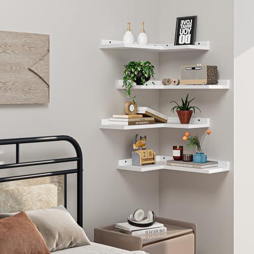 4-Tier Corner Floating Shelves, Rustic Pine L-Shaped Shelves for Creative Wall Storage in Bedroom, Bathroom & Any Room - White