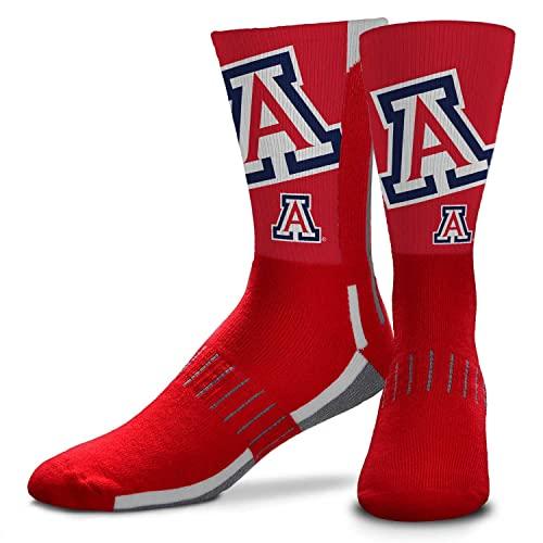For Bare Feet NCAA Striped Crew Socks Men Women | Officially licensed; 93% polyester, 3% nylon, 3% rubber, 1% spandex; formed heel; ribbed cuff; unisex fit; Medium and Large