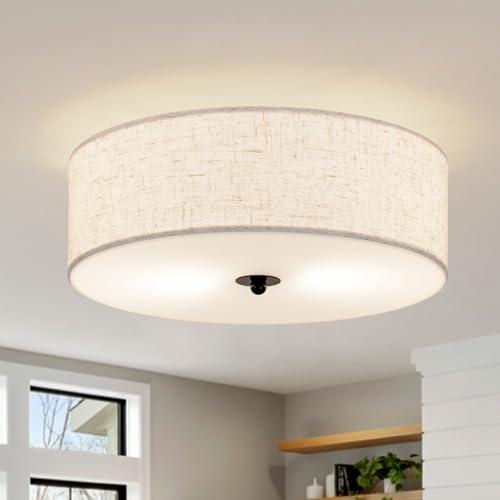 Flush Mount Ceiling Light Fixture, 13 Close to Ceiling Light with Beige Fabric Linen Drum Shade, 2-Light Modern Round Ceiling Light for Bedroom Hallway Dining Kitchen