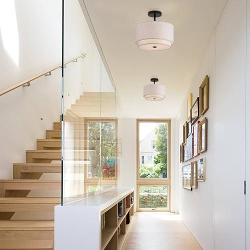 12.6inch Flush Mount Ceiling Light Fixture,3-Light Modern Close to Ceiling Light with 2-Layer Linen Fabric Shade,Farmhouse Drum Ceiling Mount Lamp for Bedroom Hallway Living Room