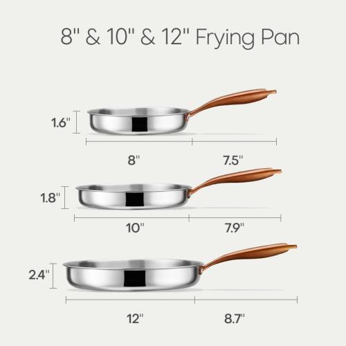 CAROTE 3-Piece Tri-Ply Stainless Steel Frying Pan Set, Skillet Set 8/10/12, Induction Compatible, Oven & Dishwasher Safe, Gold Handle, Mothers Day Gifts