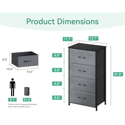 AODK Dresser for Bedroom with 4 Storage Drawers, Small Dressers Chest of Drawers Fabric Dressers with Sturdy Steel Frame, Dresser for Closet with Wood Top, Dark Grey