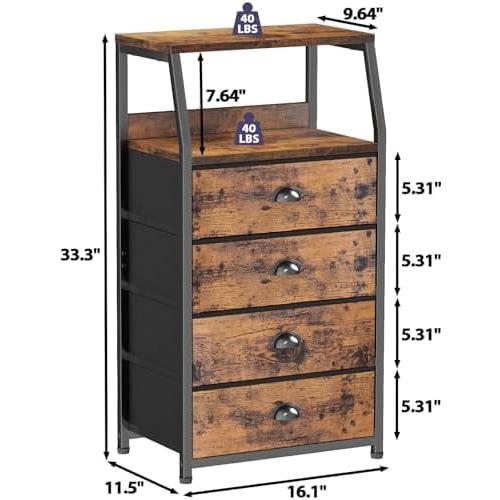 Furnulem Night Stand, Tall 4 Drawers Dresser for Bedroom, Hallway, Nursery, Closet Organizer, Nightstand Bedside Table Furniture, Vertical Storage Tower Fabric, Sturdy Steel Frame, Wood Top
