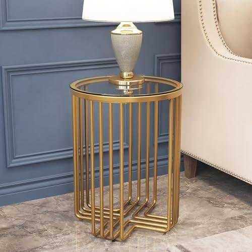 Gold End Table, Modern Round Side Tables for Living Room Bedroom Office Small Spaces, End Tables with Tempered Glass Tabletop, Home Decor Bedside Table, Easy Assembly