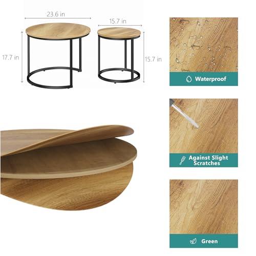 Color Brown Nesting Coffee Table Set of 2, 23.6 Round Coffee Table Brown Wood with Adjustable Non-Slip Feet, Industrial End Table Side Tables for Living Room Bedroom Balcony Yard